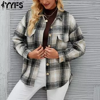 YYFS женские модные повседневные осенне-зимние клетчатые принты с длинными рукавами и воротником-поло, блузки и рубашки, верхняя куртка