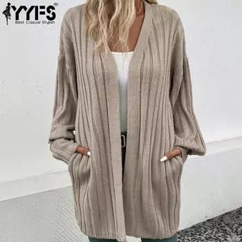 YYFS женские модные повседневные осенне-зимние однотонные кардиганы с длинными рукавами и принтом S хаки