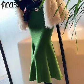 YYFS женские модные повседневные осенне-зимние однотонные юбки с высокой талией и принтом One Size зелёный