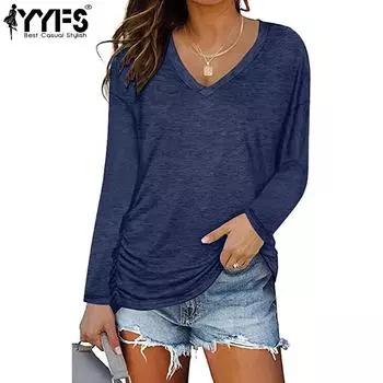 YYFS женские модные повседневные осенне-зимние однотонные блузки и рубашки с длинными рукавами и v-образным вырезом с принтом S