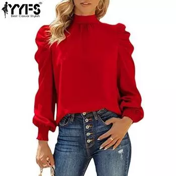 YYFS женские модные повседневные осенне-зимние однотонные блузки и рубашки с длинным рукавом и высоким воротом с принтом