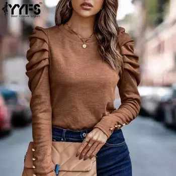 YYFS женские модные повседневные осенне-зимние однотонные блузки и рубашки с круглым вырезом и длинными рукавами с принтом S чёрный