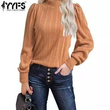 YYFS женские модные повседневные осенне-зимние однотонные водолазки с длинными рукавами и принтом, пуловеры с длинными рукавами S оранжевый