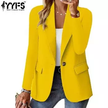 YYFS женские модные повседневные осенне-зимние однотонные рубашки-поло с длинным рукавом и принтом, блузки и рубашки S жёлтый
