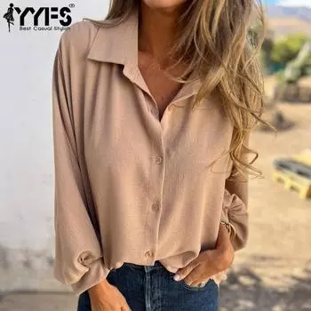 YYFS женские модные повседневные осенне-зимние однотонные рубашки-поло с длинным рукавом и принтом, блузки и рубашки S белый