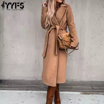 YYFS женские модные повседневные осенне-зимние однотонные пальто с длинными рукавами и воротником-поло с принтом на меху и искусственном меху