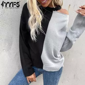 YYFS женские модные повседневные осенне-зимние свитера с длинным рукавом и круглым вырезом S черный серый