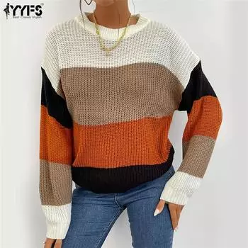 YYFS женские модные повседневные осенне-зимние свитера с длинным рукавом и круглым вырезом S хаки