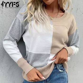 YYFS женские модные повседневные осенне-зимние свитера с длинным рукавом и круглым вырезом S хаки