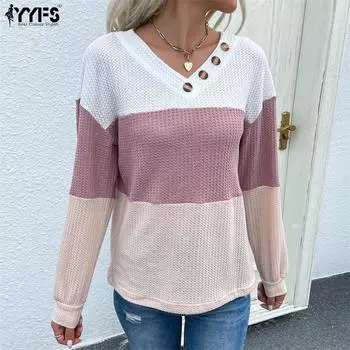 YYFS женские модные повседневные осенне-зимние свитера с длинными рукавами и v-образным вырезом S розовый