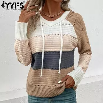 YYFS женские модные повседневные осенне-зимние свитера с капюшоном и v-образным вырезом с длинными рукавами S темно-серого