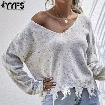 YYFS женские модные повседневные осенне-зимние свободные свитера с длинным рукавом и v-образным вырезом