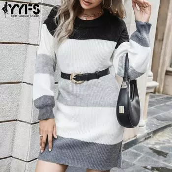 YYFS женские модные повседневные осенне-зимние свободные свитера с длинными рукавами и круглым вырезом, платья S светло-серый