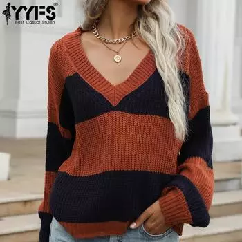 YYFS женские модные повседневные осенне-зимние свободные свитера с длинным рукавом и v-образным вырезом S