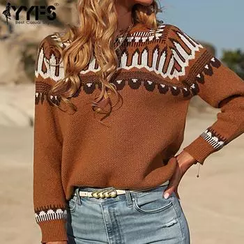 YYFS женские модные повседневные осенне-зимние свободные свитера с длинным рукавом и круглым вырезом S коричневый