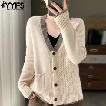 YYFS женские модные повседневные осенне-зимние свободные свитера с длинным рукавом и v-образным вырезом M бежевый