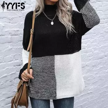 YYFS женские модные повседневные осенне-зимние свободные свитера с длинным рукавом и высоким воротом S чёрный