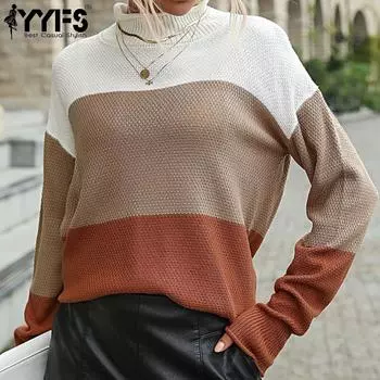 YYFS женские модные повседневные осенне-зимние свободные свитера с длинным рукавом и полуводолазкой