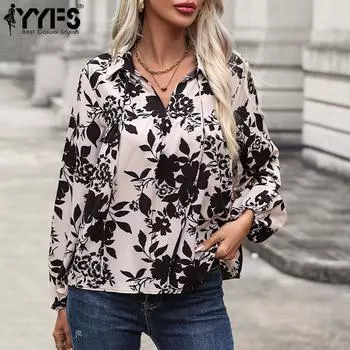 YYFS женские модные повседневные осенние цветочные узоры с принтом и длинным рукавом ПОЛО с воротником блузки и рубашки S бежевый