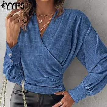 YYFS женские модные повседневные осенние однотонные блузки и рубашки с длинными рукавами и v-образным вырезом с принтом, пуловеры S чёрный