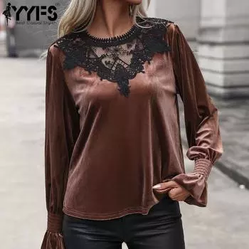 YYFS женские модные повседневные осенние однотонные блузки и рубашки с круглым вырезом и длинными рукавами с принтом S коричневый