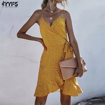 YYFS женские модные повседневные платья без рукавов с цветочным принтом на подтяжках для пляжного отдыха и отдыха