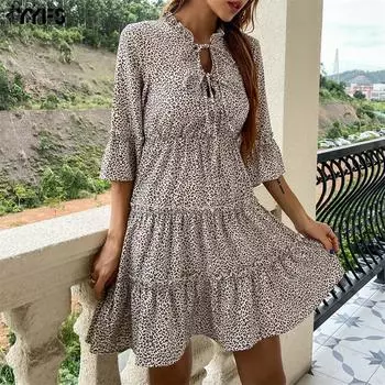 YYFS Женские модные повседневные платья цвета хаки с рукавами 3/4 и круглым вырезом S хаки