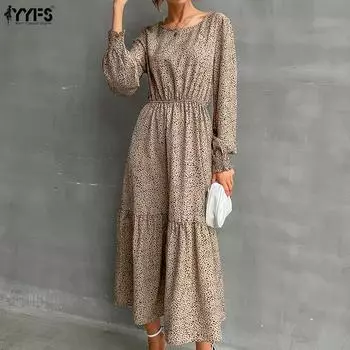YYFS Женские модные повседневные платья с леопардовым принтом и длинным рукавом с круглым вырезом S хаки
