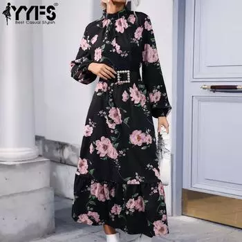 YYFS женские модные повседневные платья с цветочным узором и принтом, длинным рукавом, высоким воротом и высокой талией S чёрный