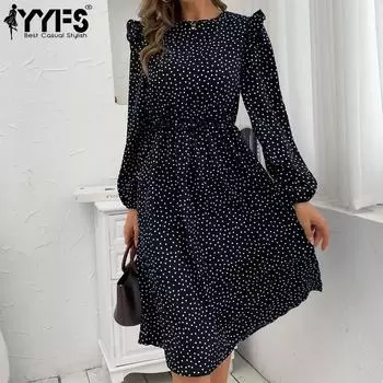 YYFS Женские модные повседневные платья в горошек с длинным рукавом и круглым вырезом с высокой талией