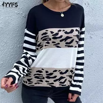 YYFS женские модные повседневные полосатые леопардовые принты осень-зима с длинными рукавами и круглым вырезом свитера S чёрный