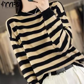 YYFS женские модные повседневные полосатые принты осень-зима с длинным рукавом и круглым вырезом свободные свитера M темно-синий