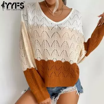 YYFS женские модные повседневные полые дышащие осенне-зимние свитера с длинными рукавами и круглым вырезом S хаки