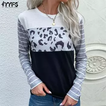 YYFS Женские модные повседневные пуловеры с круглым вырезом и длинными рукавами с леопардовым принтом S чёрный