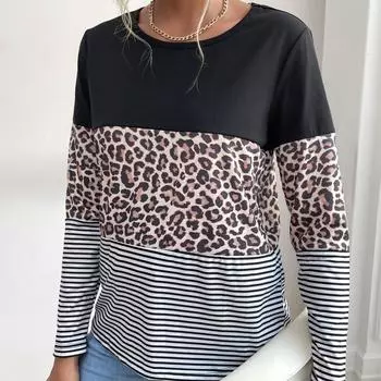 YYFS Женские модные повседневные пуловеры с круглым вырезом и длинными рукавами с леопардовым принтом S чёрный
