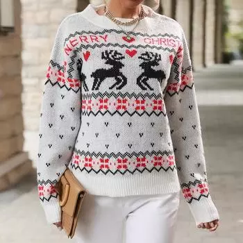 YYFS женские модные повседневные рождественские олени с принтом осень-зима с длинными рукавами и круглым вырезом свитера S белый