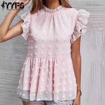 YYFS женские модные повседневные розовые блузки и рубашки с коротким рукавом и круглым вырезом L розовый