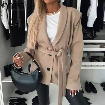 YYFS Женская Мода Повседневные Осенне-Зимние Однотонные Пальто из Шерсти с Принтом и Длинным Рукавом и Воротником ПОЛО S белый