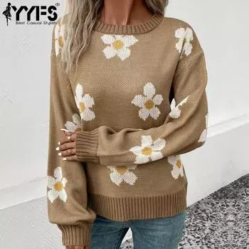 YYFS женские модные повседневные свитера с цветочным узором и принтом осень-зима с длинными рукавами и круглым вырезом S хаки