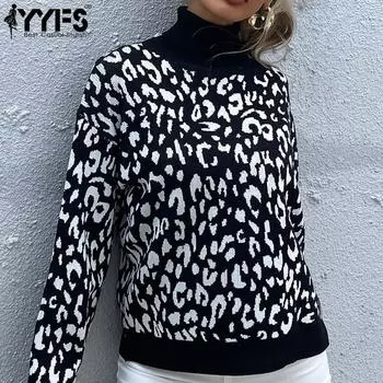 YYFS женские модные повседневные свитера с леопардовым принтом осень-зима с длинным рукавом и высоким воротом S чёрный