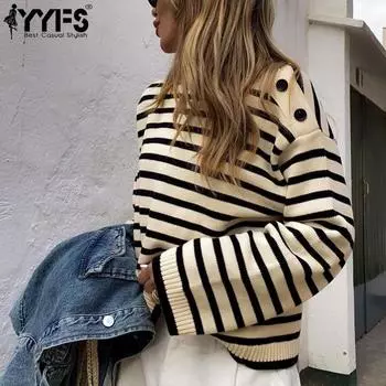 YYFS женские модные повседневные свитера в полоску с принтом осень-зима с длинными рукавами и круглым вырезом S