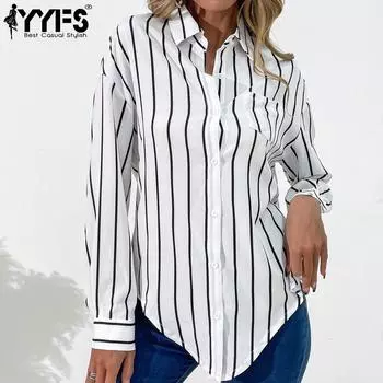 YYFS женские модные повседневные свободные блузки и рубашки с длинным рукавом и принтом в полоску S чёрный