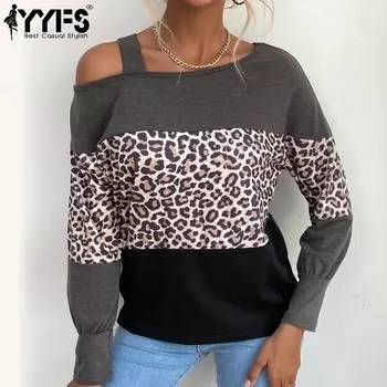 YYFS женские модные повседневные свободные блузки и рубашки с леопардовым принтом и длинными рукавами S темно серый