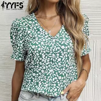 YYFS женские модные повседневные свободные футболки и топы с короткими рукавами и v-образным вырезом с цветочным принтом
