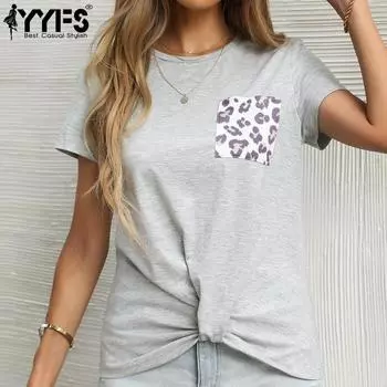 YYFS женские модные повседневные свободные футболки и топы с короткими рукавами и круглым вырезом с леопардовым принтом S светло-серый
