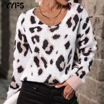 YYFS женские модные повседневные свободные свитера с леопардовым принтом осень-зима с длинным рукавом и v-образным вырезом S чёрный/белый