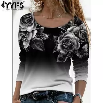 YYFS женские модные повседневные весенне-осенние блузки и рубашки с круглым вырезом и длинными рукавами с цветочным узором и принтом S чёрный