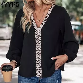 YYFS женские модные повседневные весенне-осенние блузки и рубашки с v-образным вырезом и длинными рукавами с леопардовым принтом S чёрный
