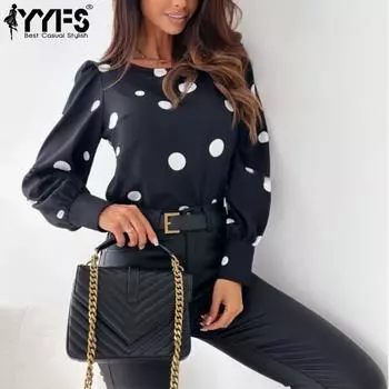 YYFS женские модные повседневные весенне-осенние блузки и рубашки с круглым вырезом и длинными рукавами в горошек S чёрный