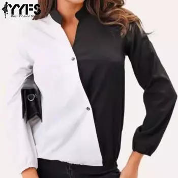 YYFS Женские модные повседневные весенне-осенние блузки и рубашки с v-образным вырезом и длинными рукавами с цветными блоками и принтом S белый